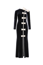 Victoria Bow Cascade Velvet Maxi Dress In Black Flowering Girl