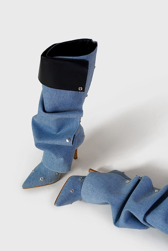Isabela Appliqué Ruched Denim Knee-high boots - Blue Flowering Girl