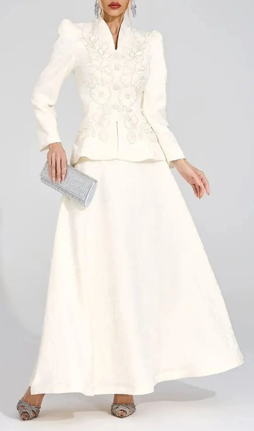 Sabrina Floral Embroidered Coat Maxi Skirt Set - Apricot Flowering Girl