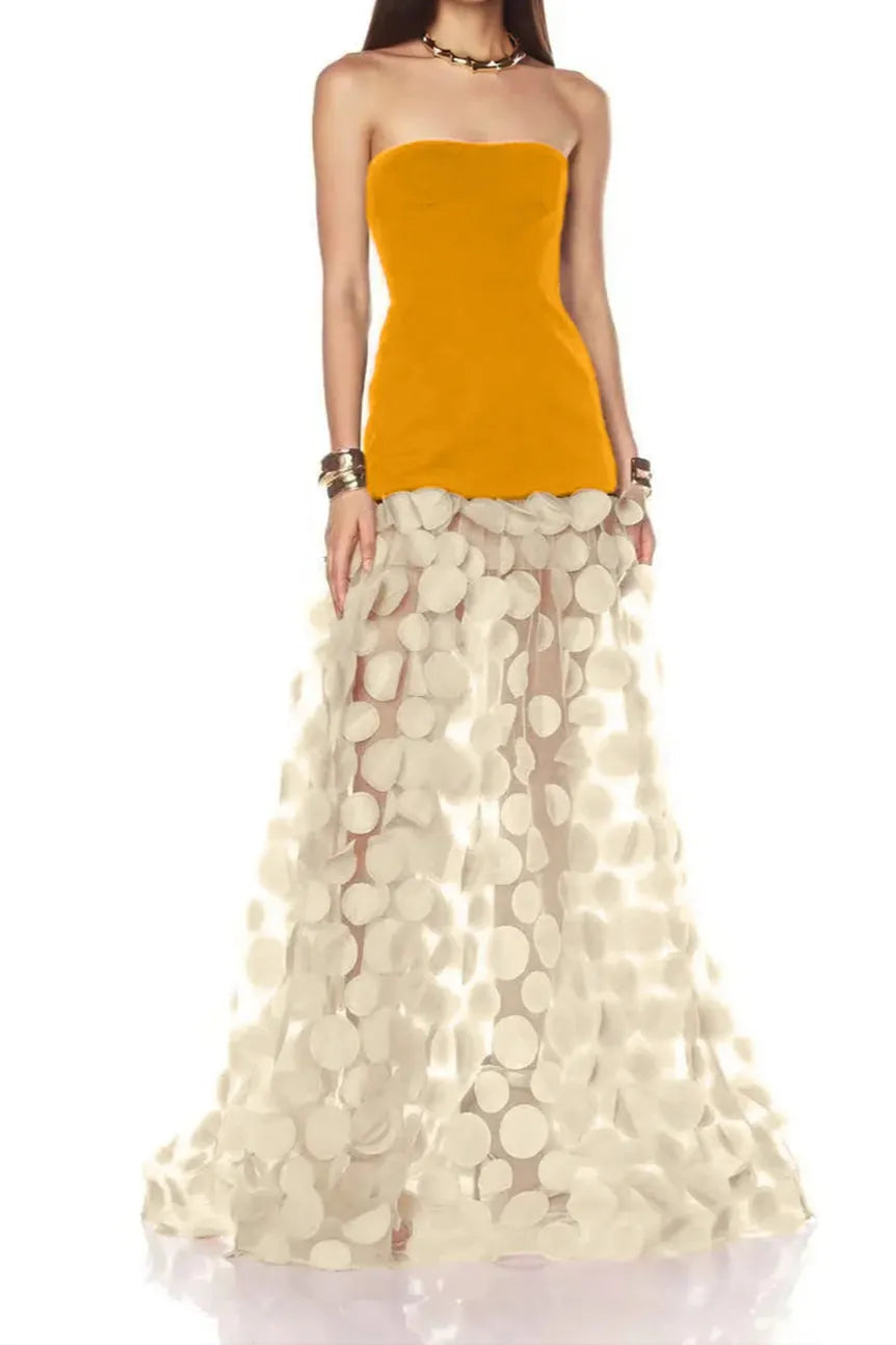 Nodin Strapless Dot Mesh Maxi Dress In Orange Flowering Girl