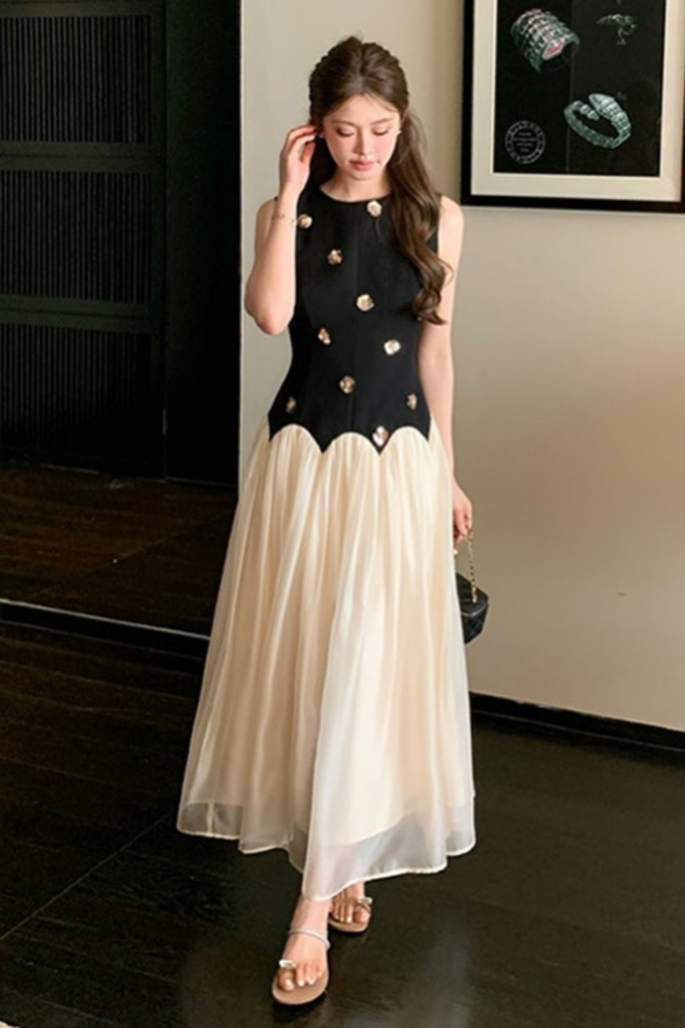 Stereoscopic Flower Sleeveless Mesh Midi Dress Flowering Girl