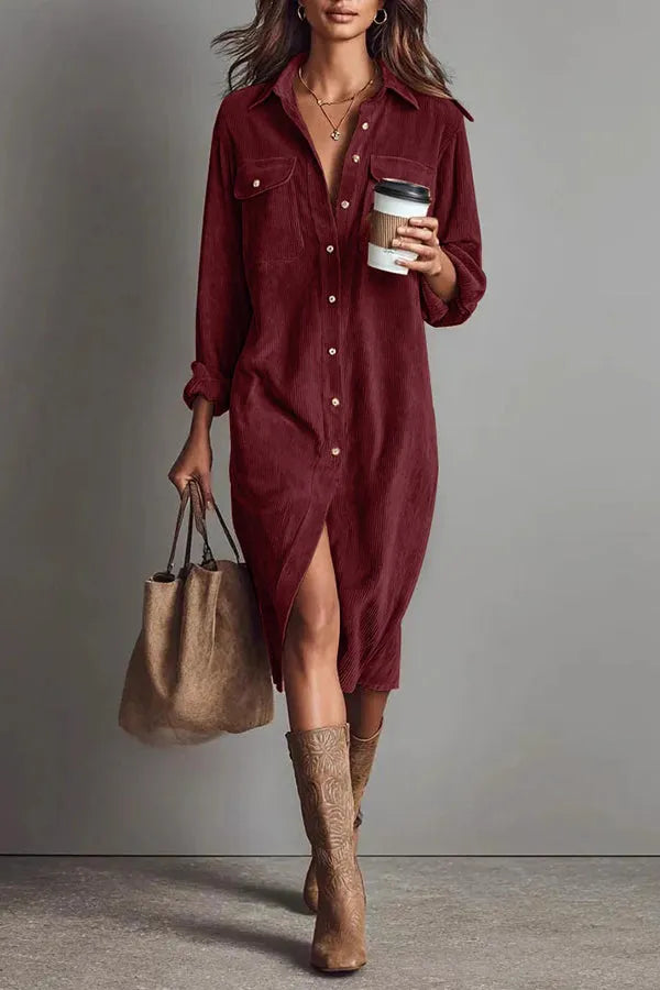 Solid Color Single-Breasted Pocket Casual Shirt-Style Midi Dress Flowering Girl