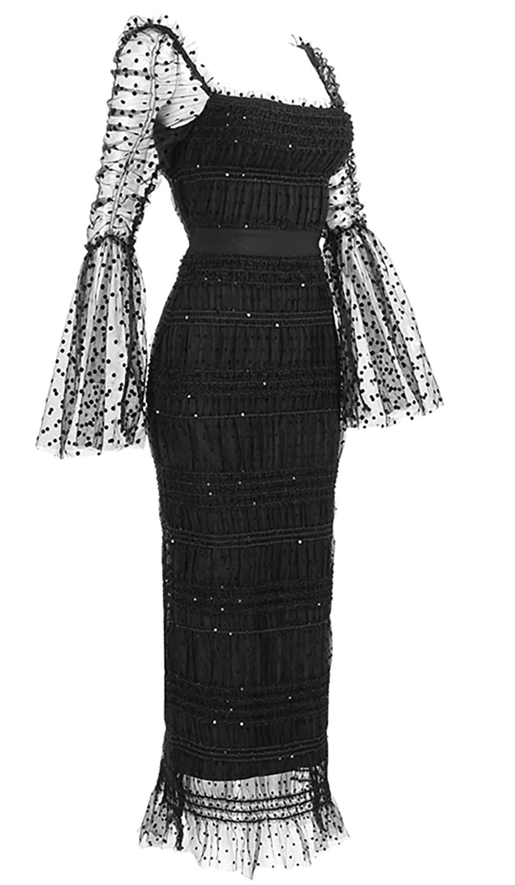 Dot Mesh Midi Dress In Black Flowering Girl