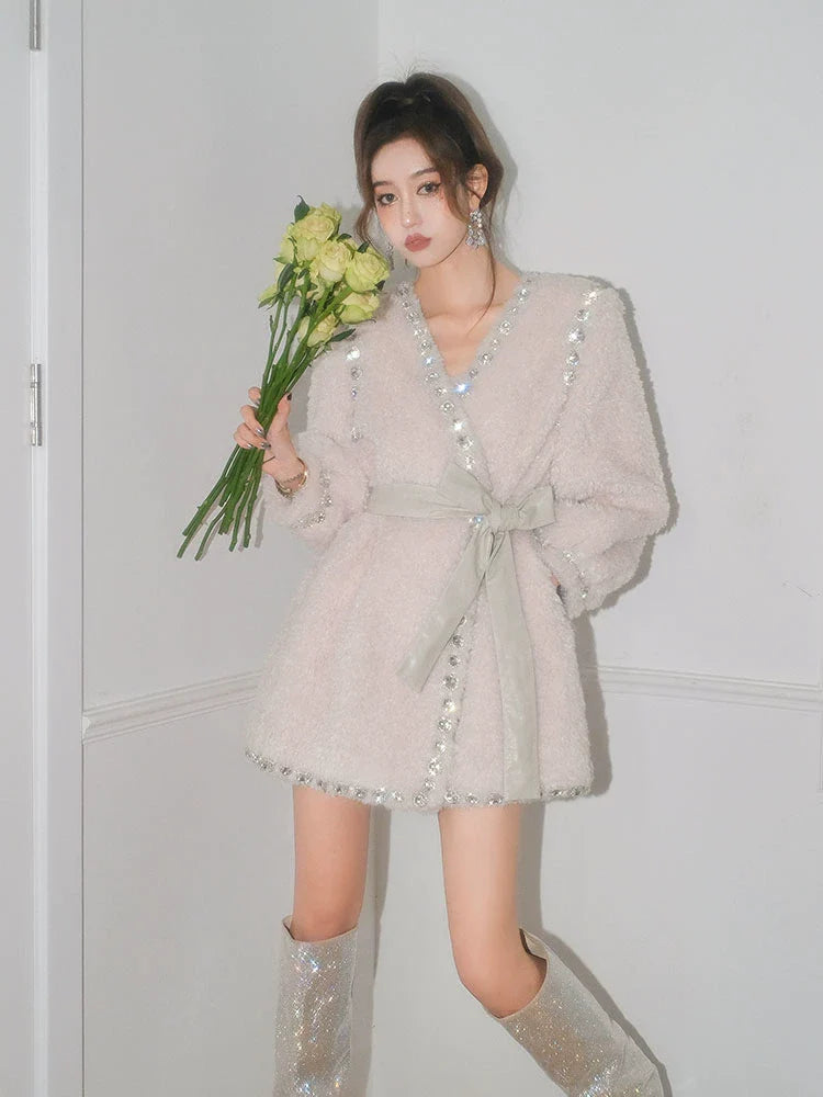 Beige V-Neck Long Sleeve Diamond Stud Coat Flowering Girl