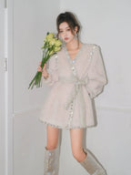 Beige V-Neck Long Sleeve Diamond Stud Coat Flowering Girl