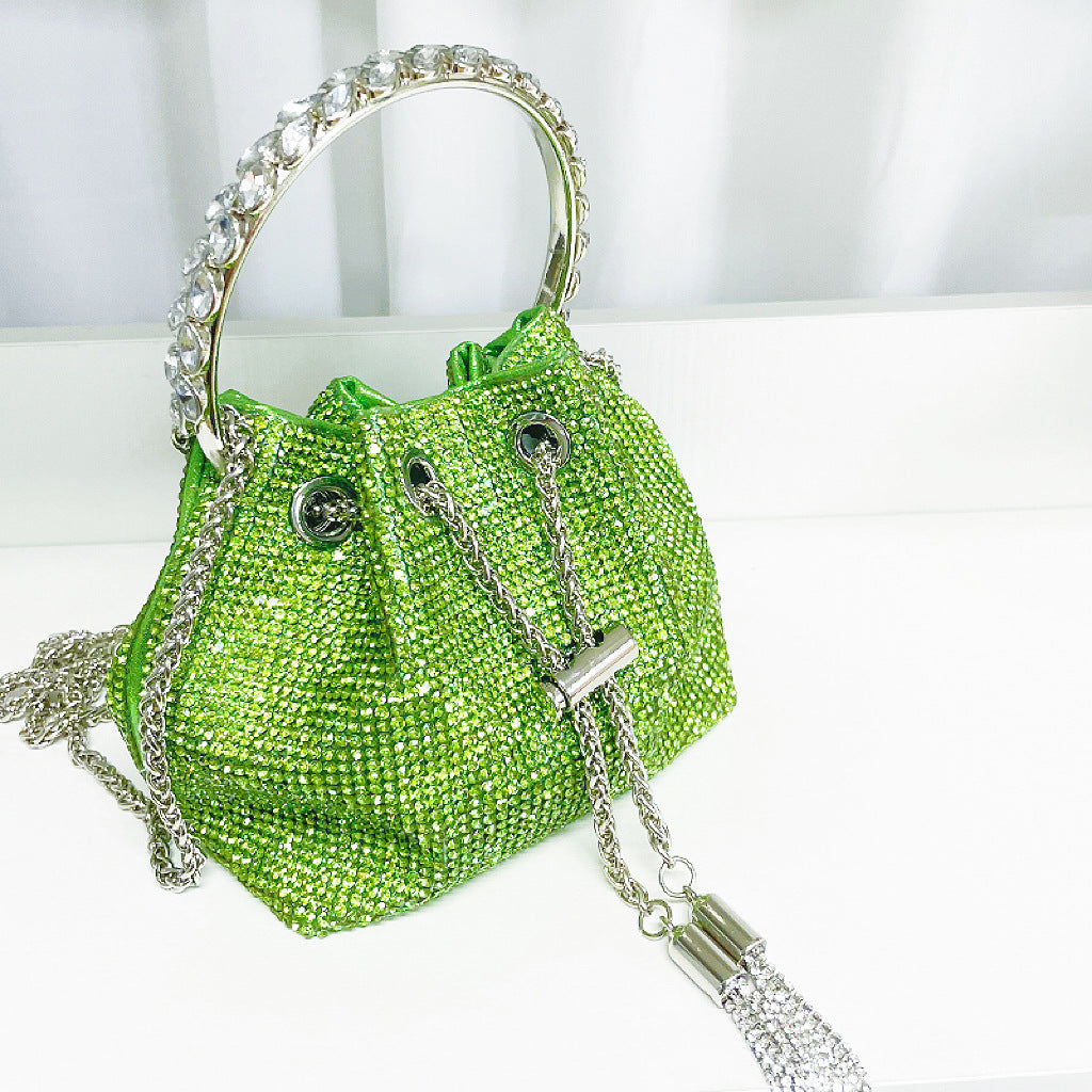 Crystal Embellished Bucket Bag In Green Flowering Girl