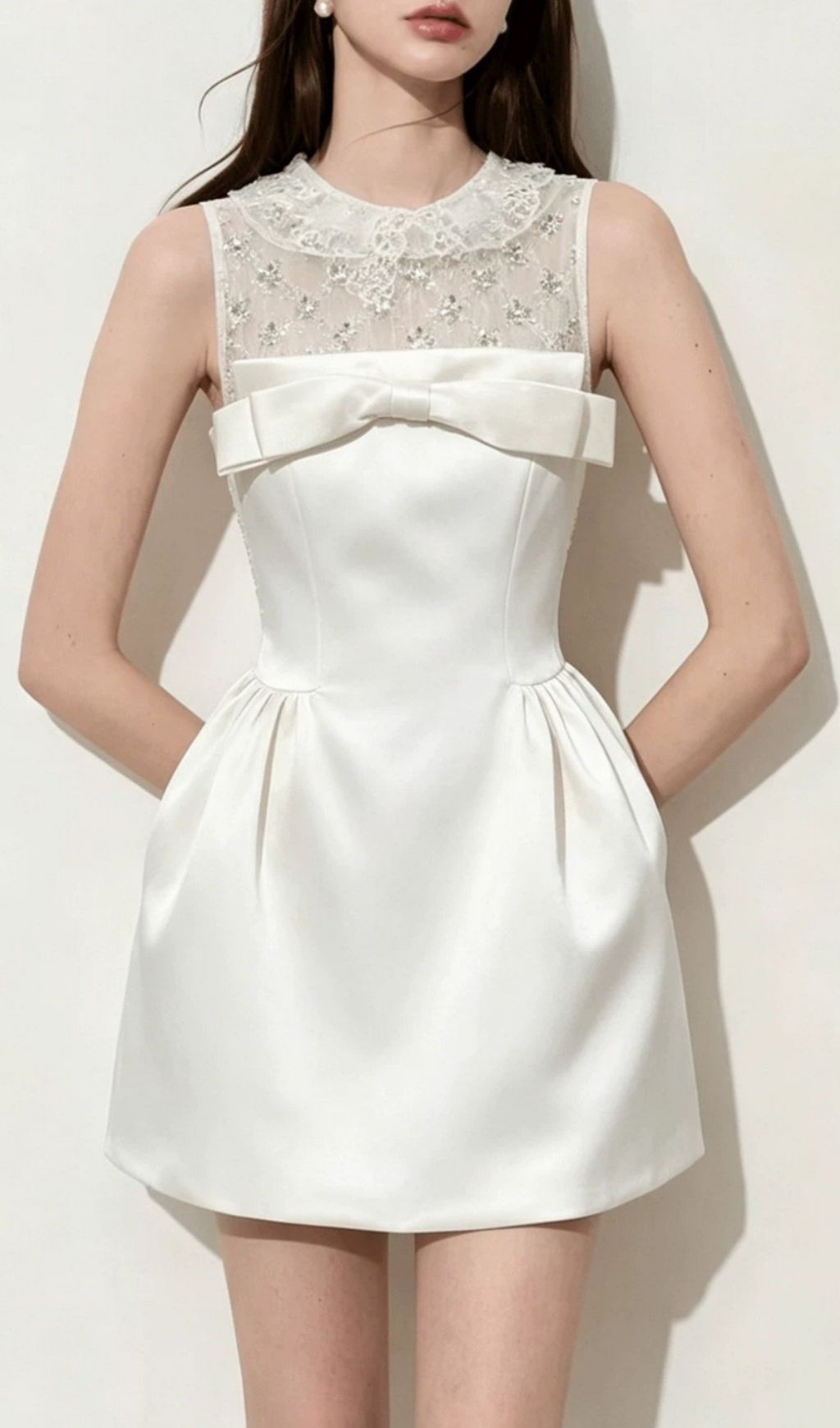 Kimiyo White Lace Sequin Bow Mini Dress Flowering Girl