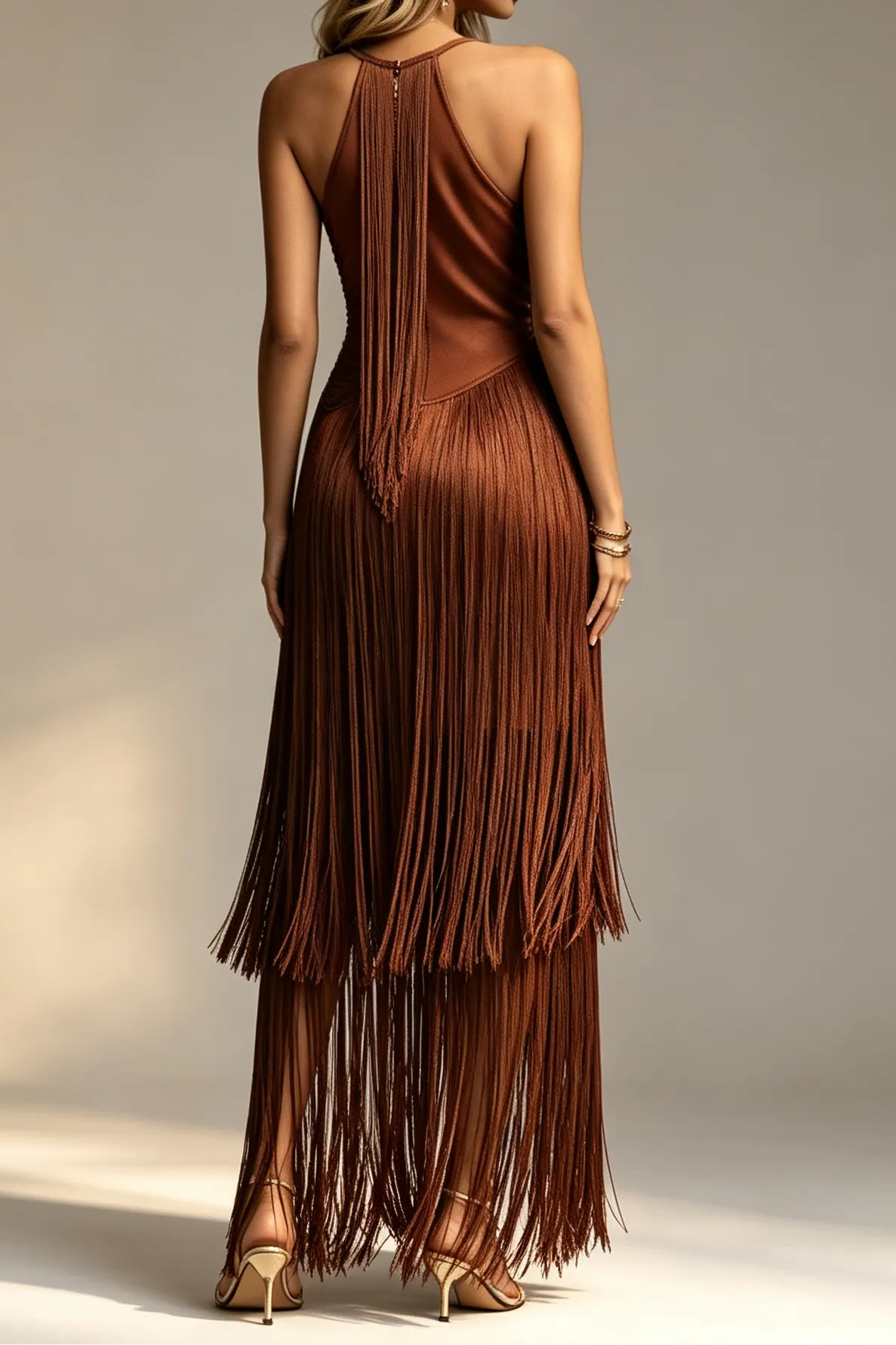 Chocolate Brown Halter Neck Draped Bodice Multi-Tier Long Fringe Bodycon Midi Party Dress Flowering Girl