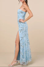 Sequin Print Strapless Bustier Maxi Dress In Blue Flowering Girl