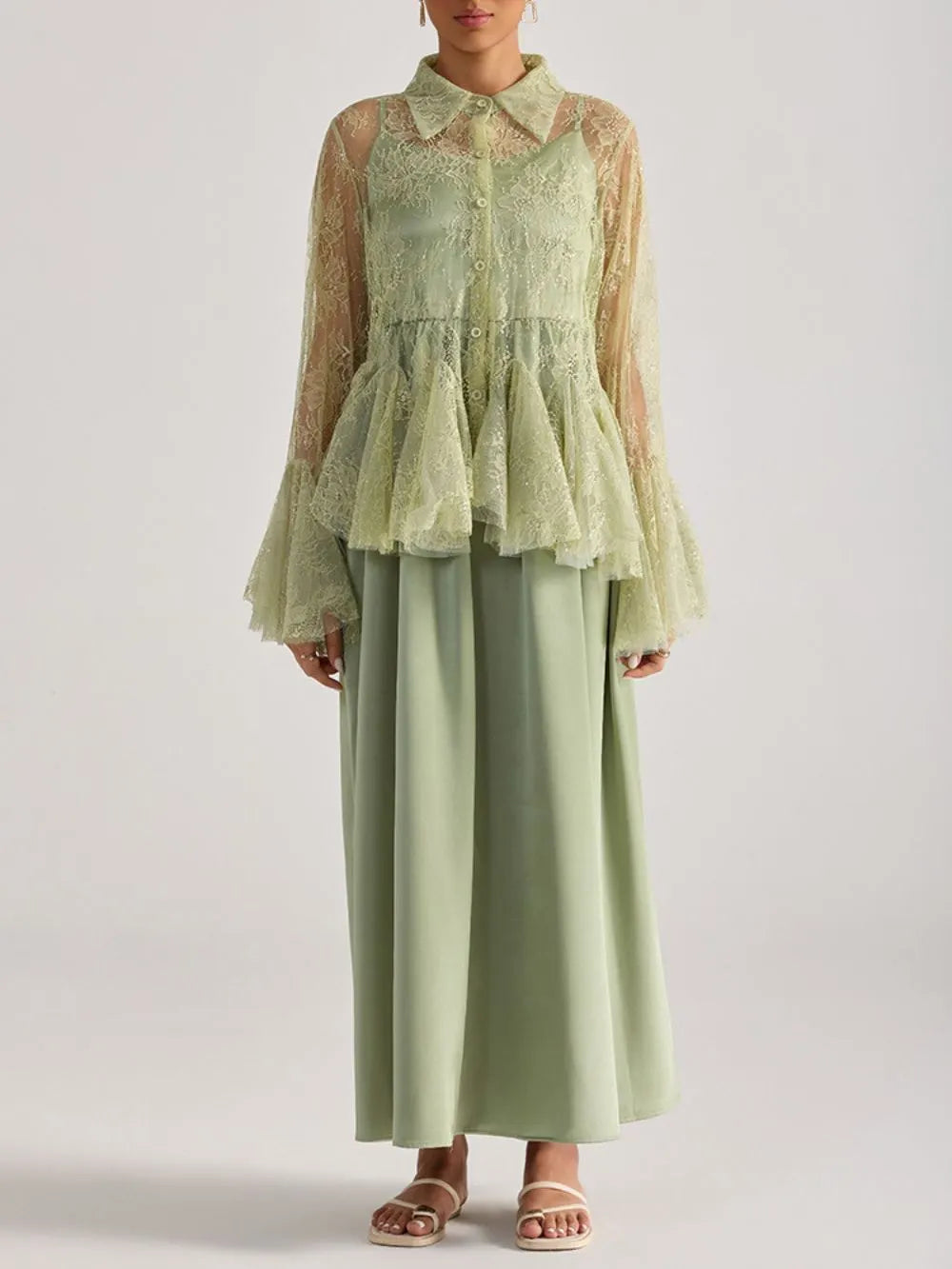 Miori Green Lace Top & Maxi Dress Set Flowering Girl