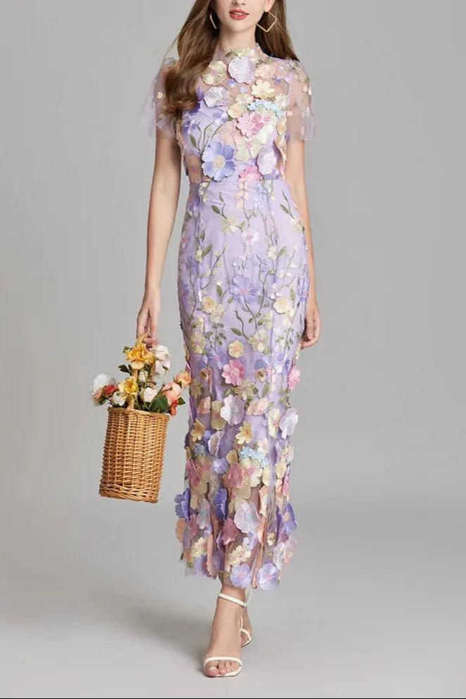 Floral Embroidery Mesh Fishtail Midi Dress In Purple Flowering Girl
