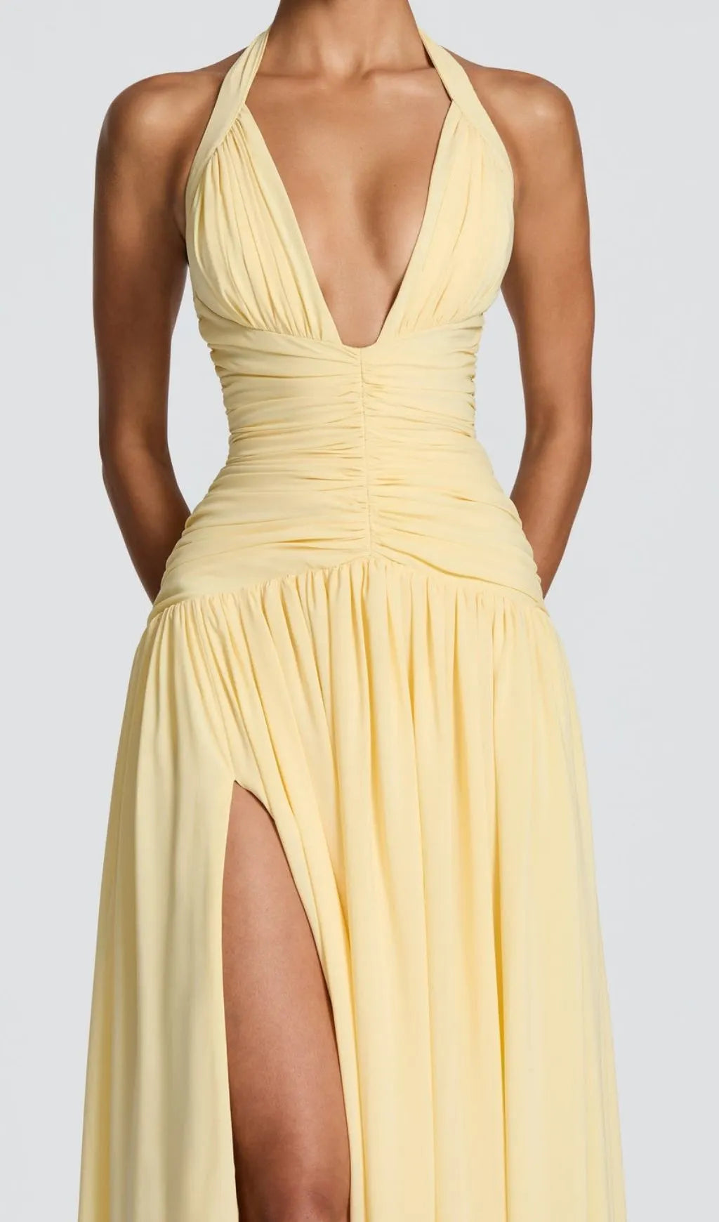 Kelley Yellow Halter Ruched Maxi Dress Flowering Girl