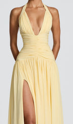 Kelley Yellow Halter Ruched Maxi Dress Flowering Girl