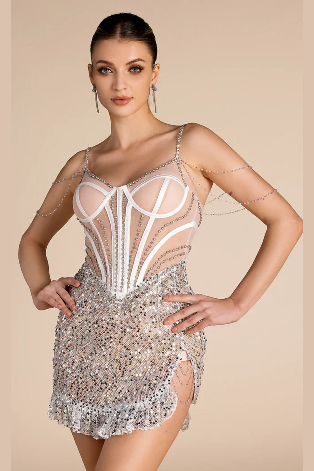 Smot Shoulder Chain Rhinestone Sequin Dress Flowering Girl