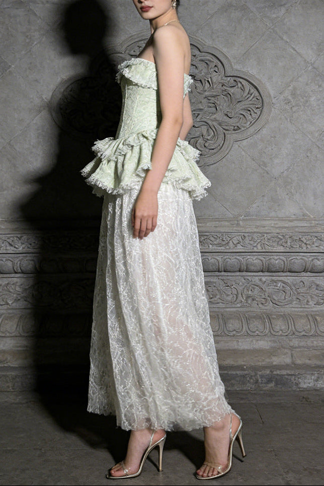 Tiffany Fitted Lace-Paneled Strapless Maxi Dress In Green Flowering Girl