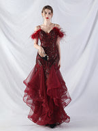 Feather Sequin Strapless Tulle Maxi Dress Flowering Girl