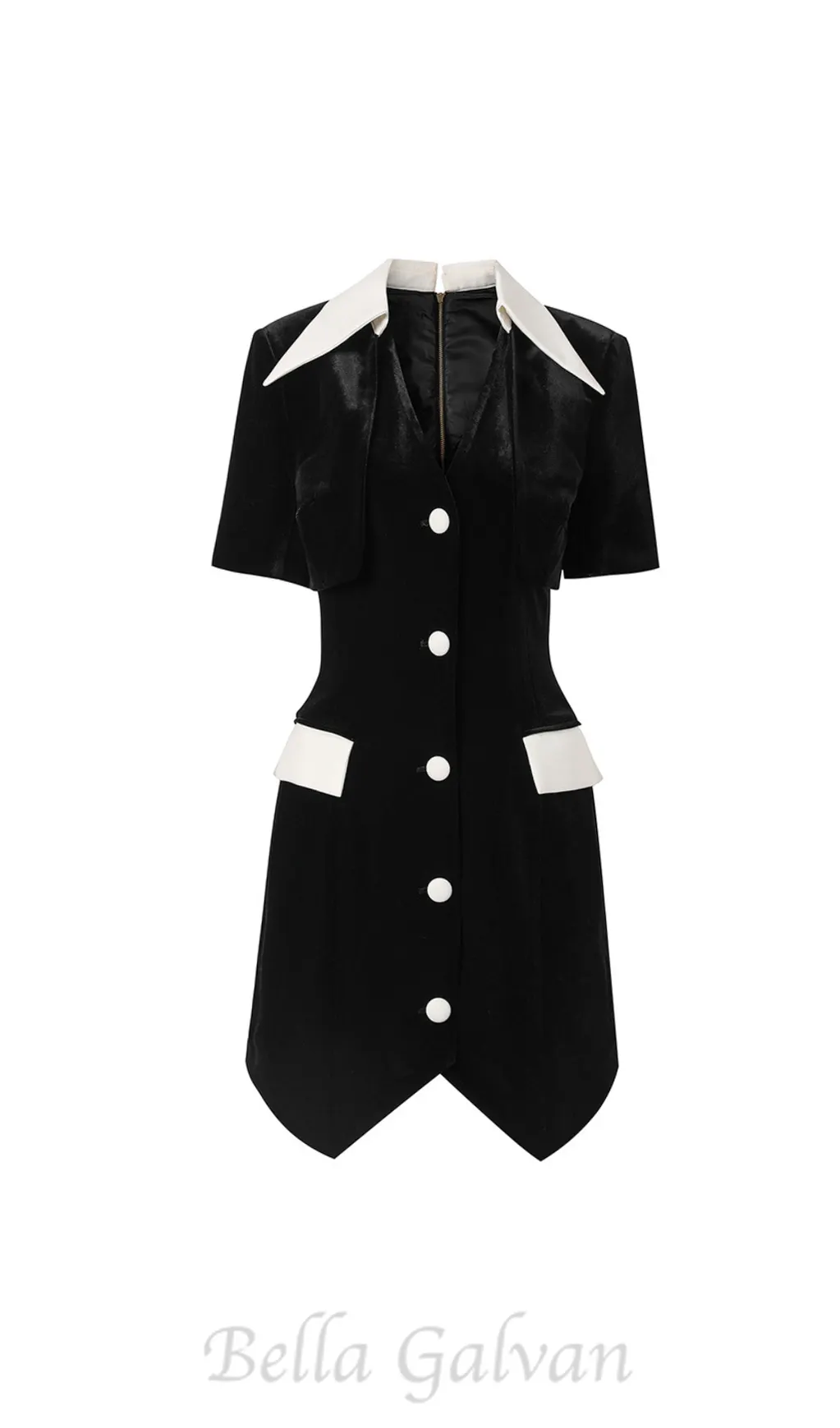 Velvet Button Short Sleeve Mini Dress in black Flowering Girl