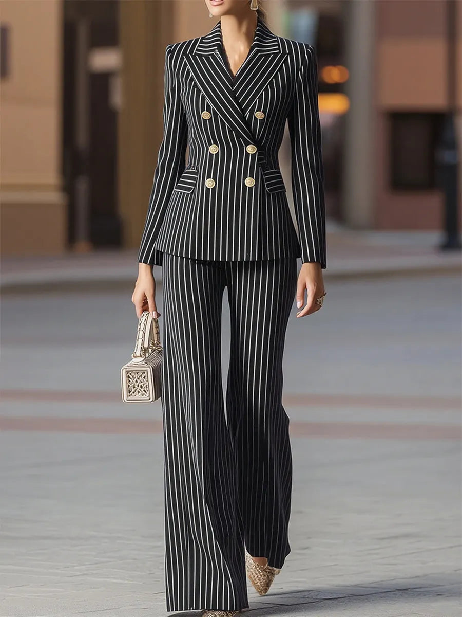 Elegant Navy Pinstripe Double-Breasted Suit Set Flowering Girl