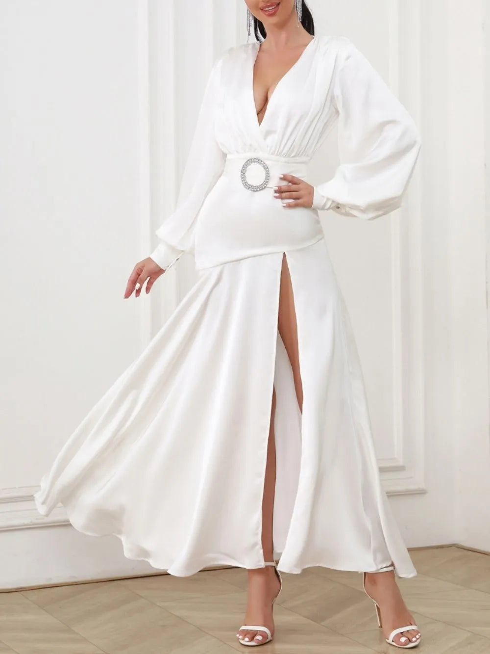 White Deep V Lantern Long Sleeve A-Line Dress Flowering Girl