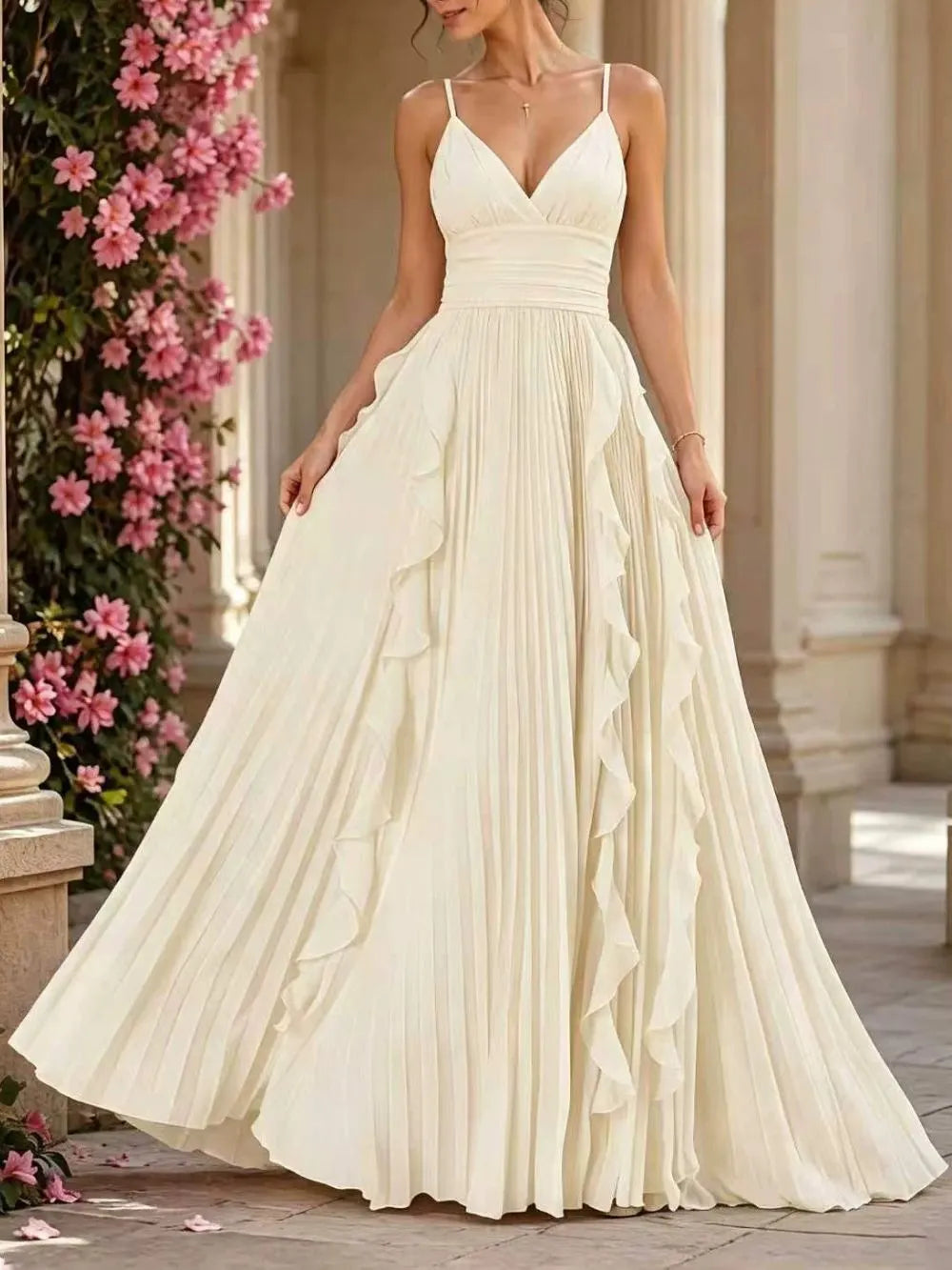 Marvene Spaghetti V-Neck Ruffle Pleated Maxi Dress Flowering Girl