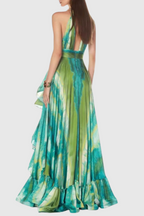 Halter Printed Cutout Ruffle Maxi Dress Flowering Girl