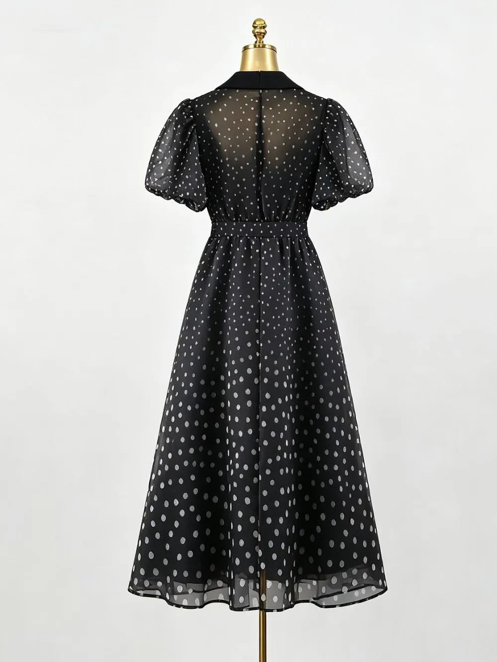 Maxence Black Polka Dot Puff-Sleeve Midi Dress Flowering Girl