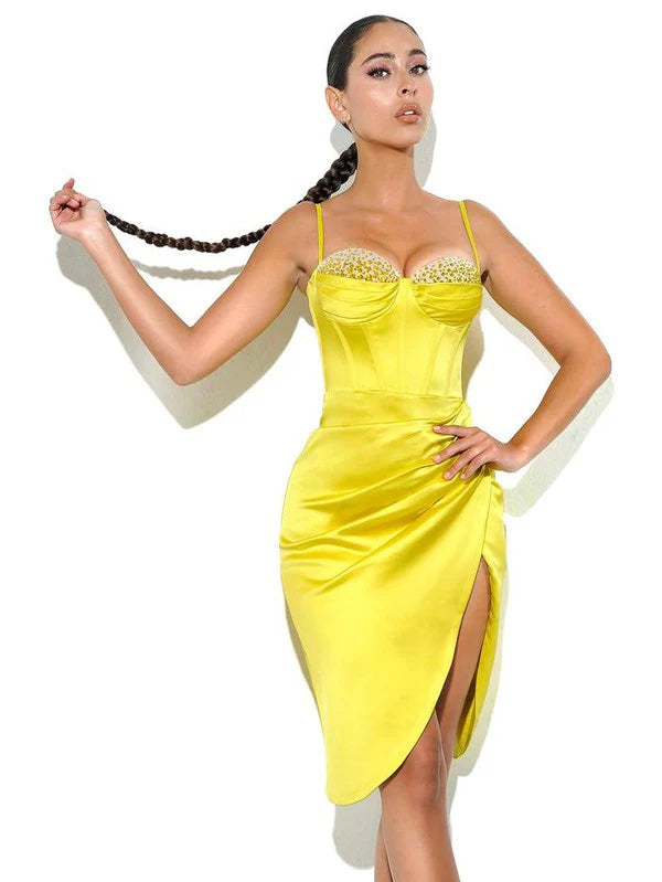 Lemon Yellow Pleated Satin Mini Dress Flowering Girl