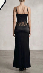 Satin Lace-Trimmed Slit Slip Maxi Dress In Black Flowering Girl