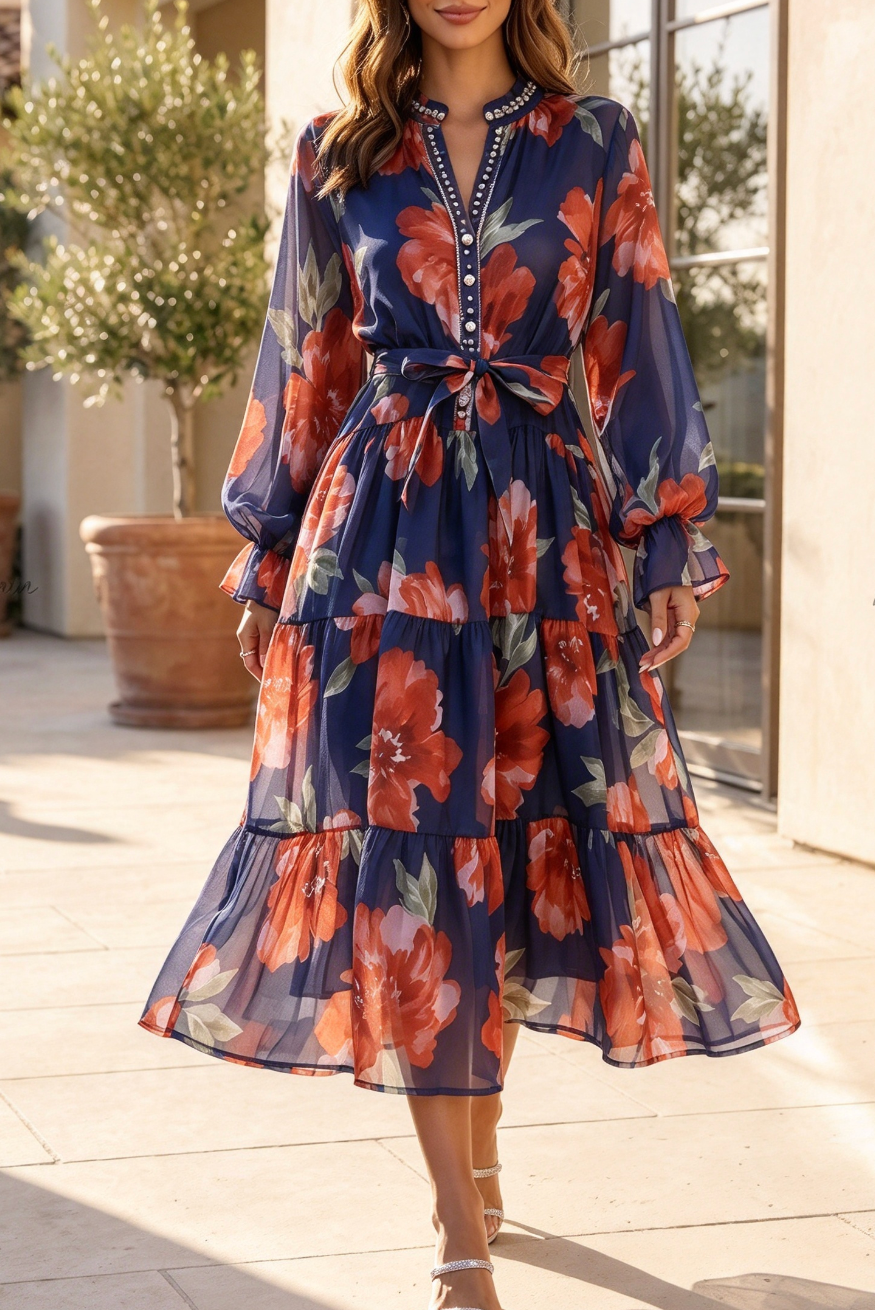 Navy Blue Tiered Chiffon Maxi Dress with Floral Print Flowering Girl