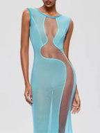 Furaira Sleeveless See Through Maxi Dress In Sky Blue Flowering Girl