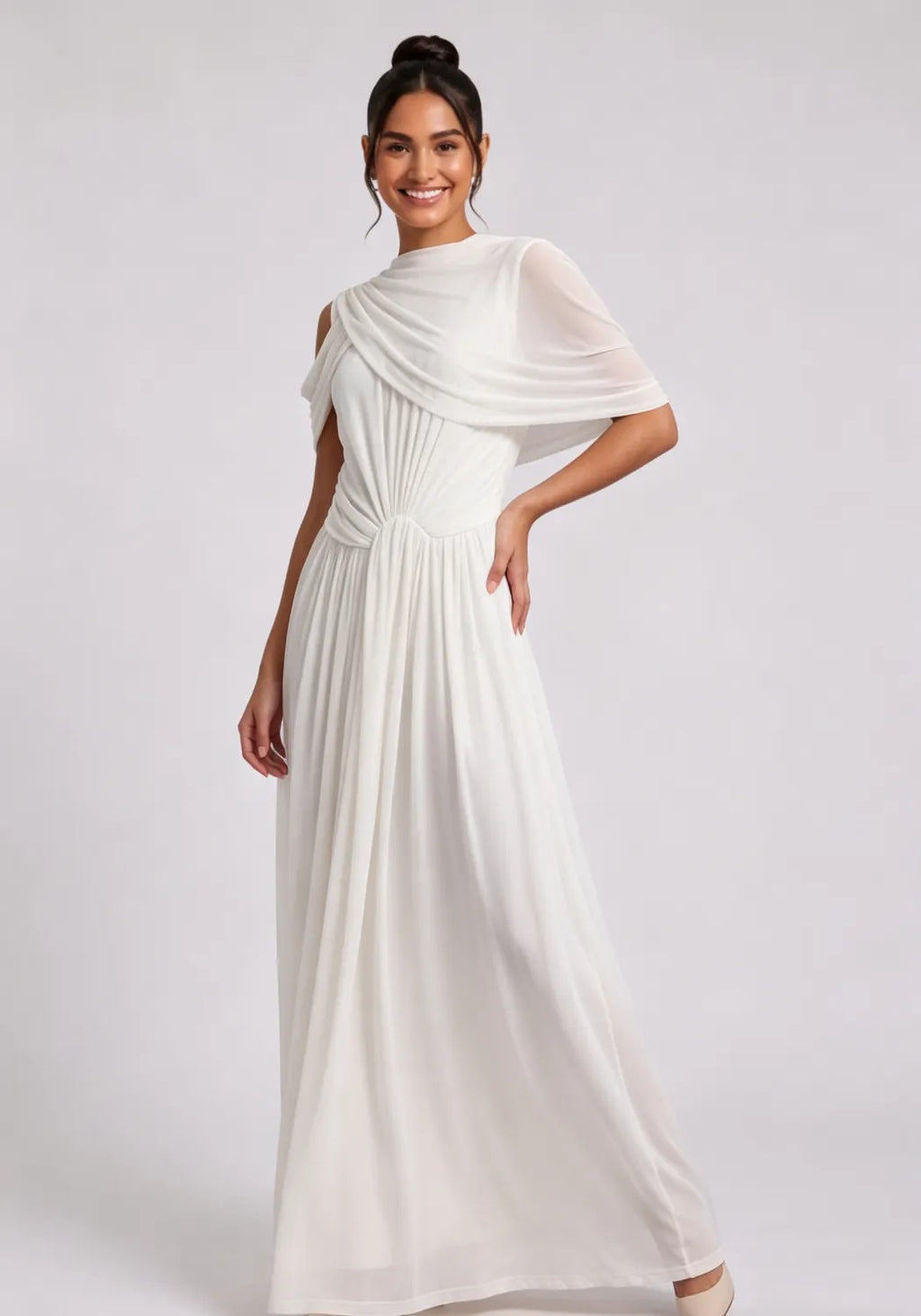White Draped Maxi Dress with Cold Shoulder Detail Flowering Girl