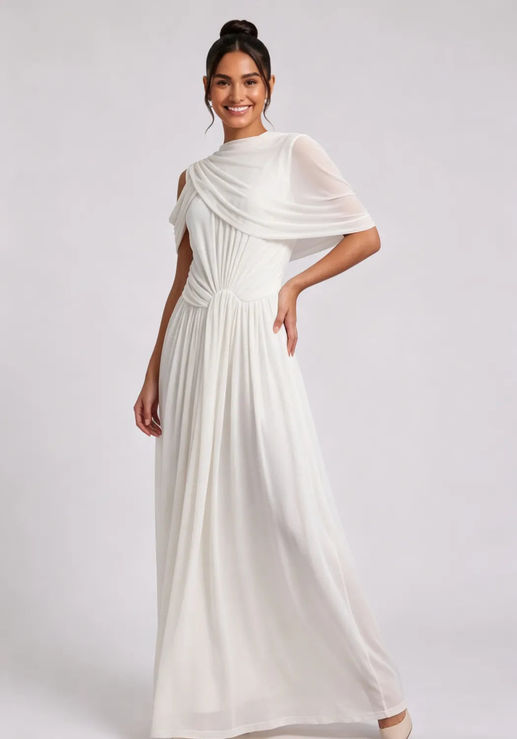 White Draped Maxi Dress with Cold Shoulder Detail Flowering Girl