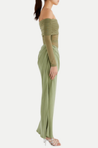 Enko Off Shoulder Ruched Mesh Maxi Dress - Green Flowering Girl