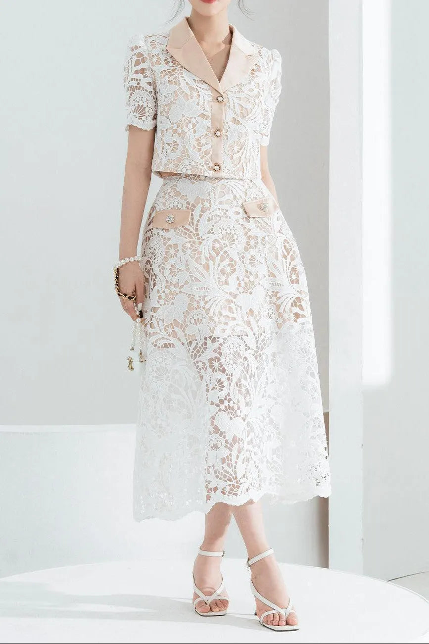 Leona Cropped Peak Lapel Lace Top Skirt Set In White Flowering Girl