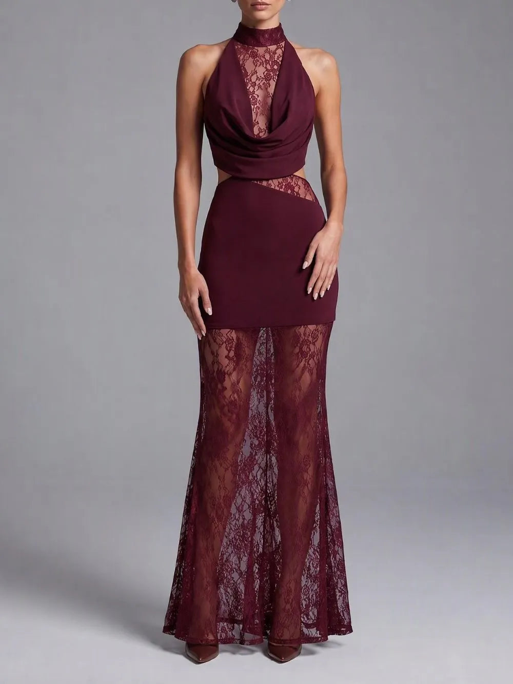 Milla Wine Halter Lace Maxi Dress Flowering Girl