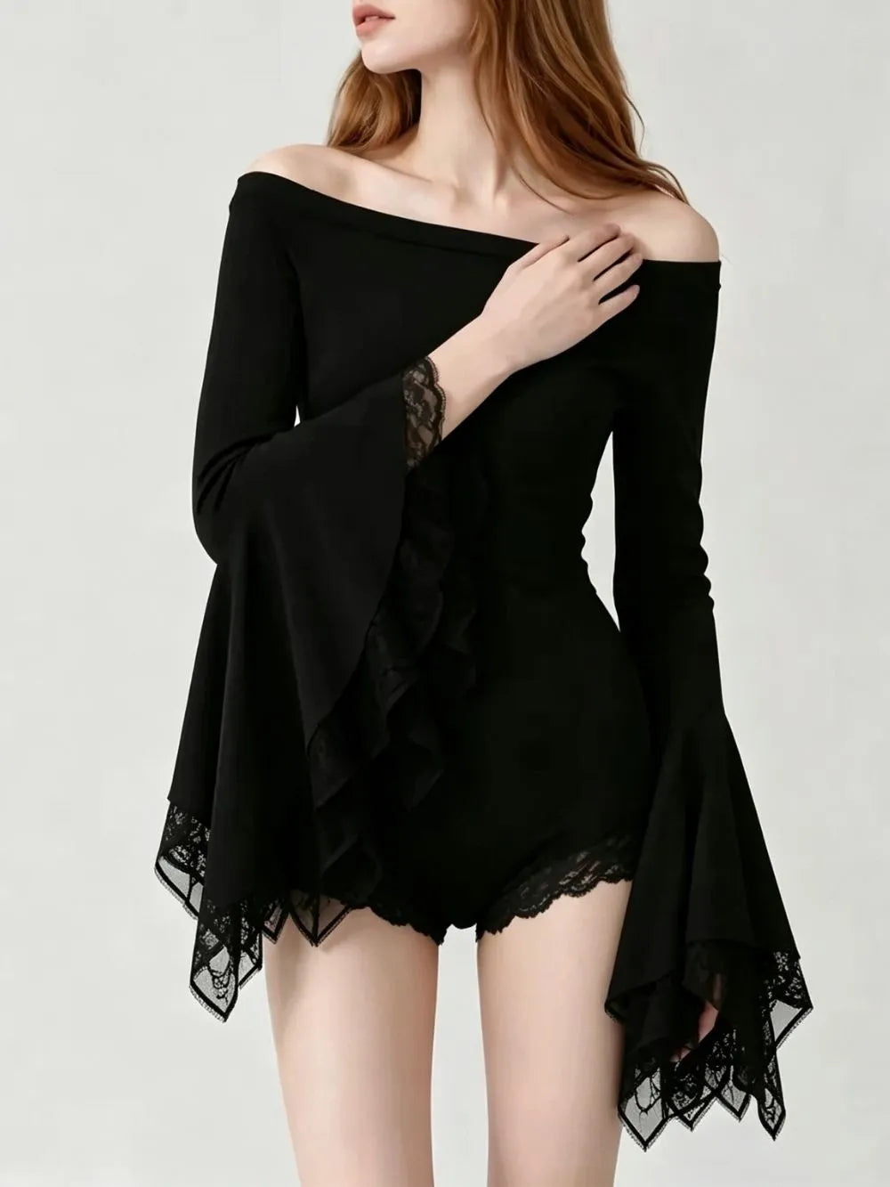 Mazal Black Lace Flared Sleeve Top & Shorts Set Flowering Girl