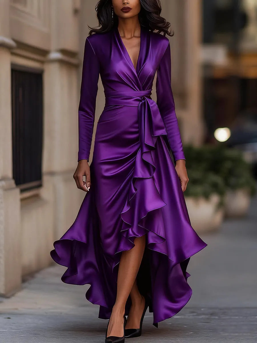 Midnight Blue Draped Satin Maxi Dress With Ruffle Details Flowering Girl