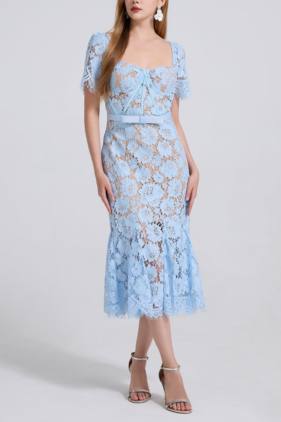 SQUARE NECK LACE MIDI DRESS IN BLUE Flowering Girl