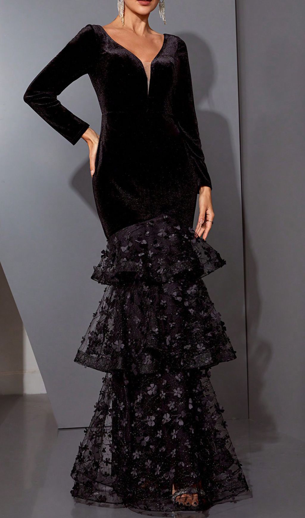 Hermine Black Long Sleeve Mesh Maxi Dress Flowering Girl