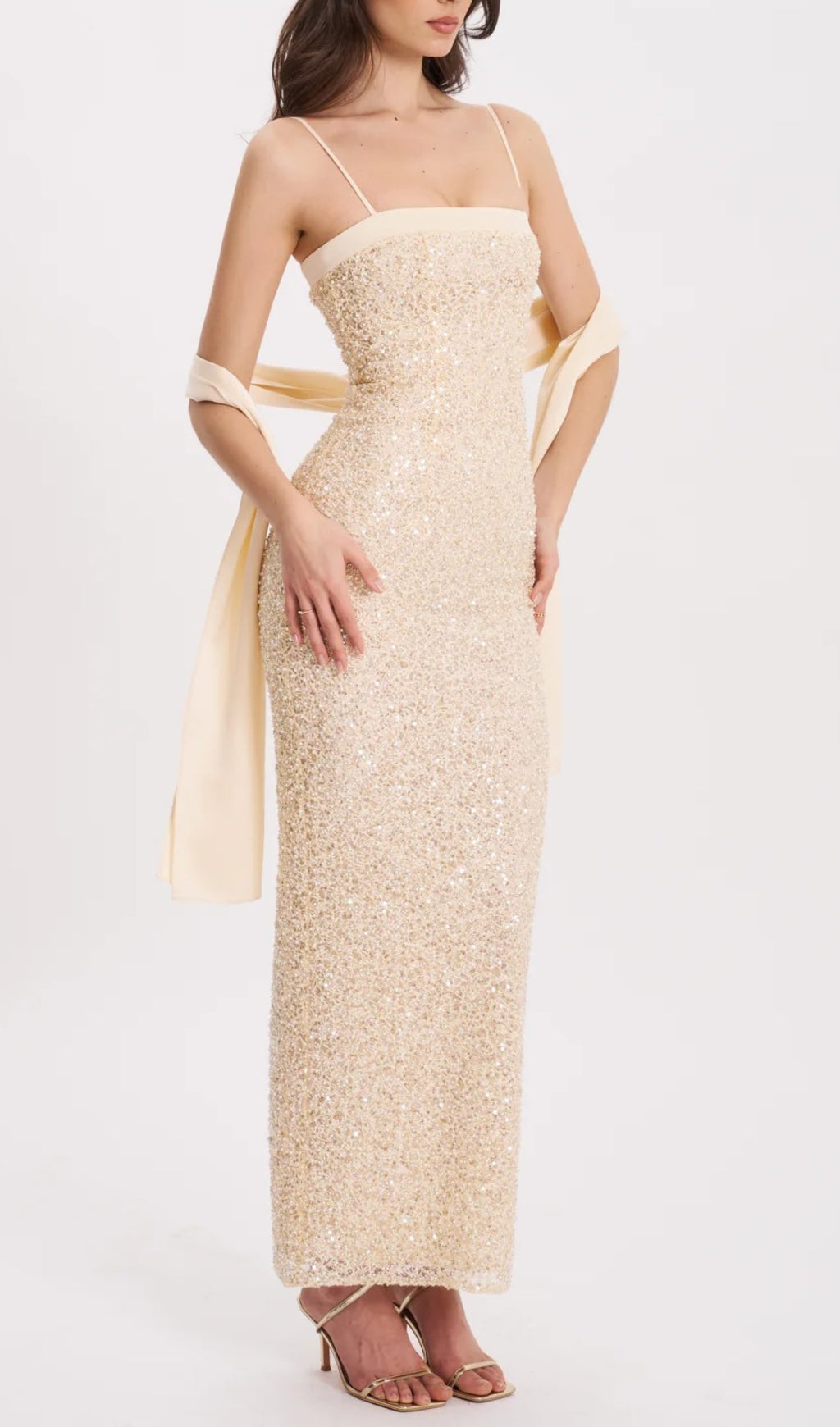 Raizel Gold Beaded Sequin Bodycon Gown with Scarf Flowering Girl