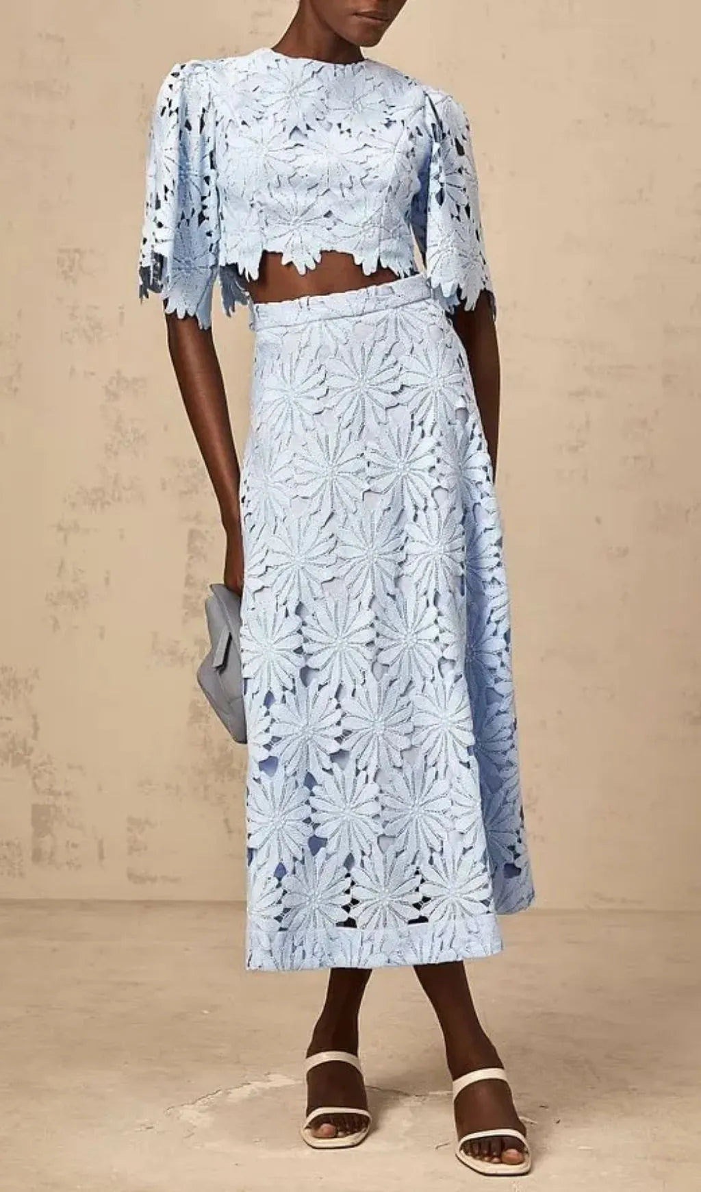 Penny Openwork Floral Lace Blouse Maxi Skirt Set - Blue Flowering Girl