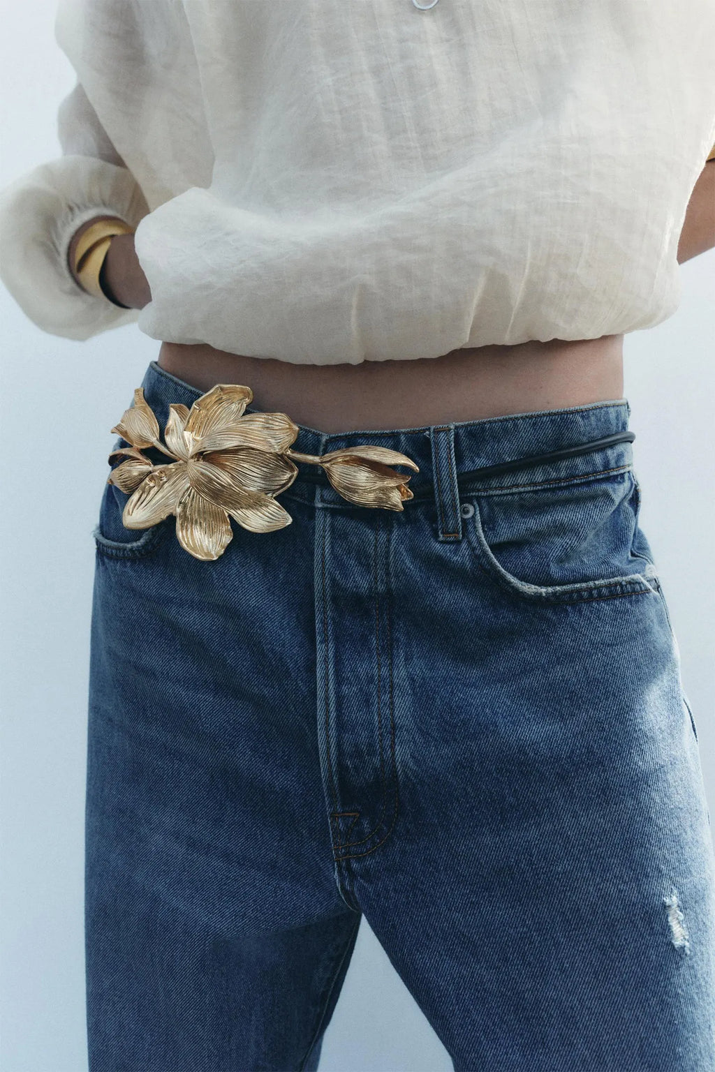 3D Sculpted Golden Floral Thin Leather Belt Flowering Girl