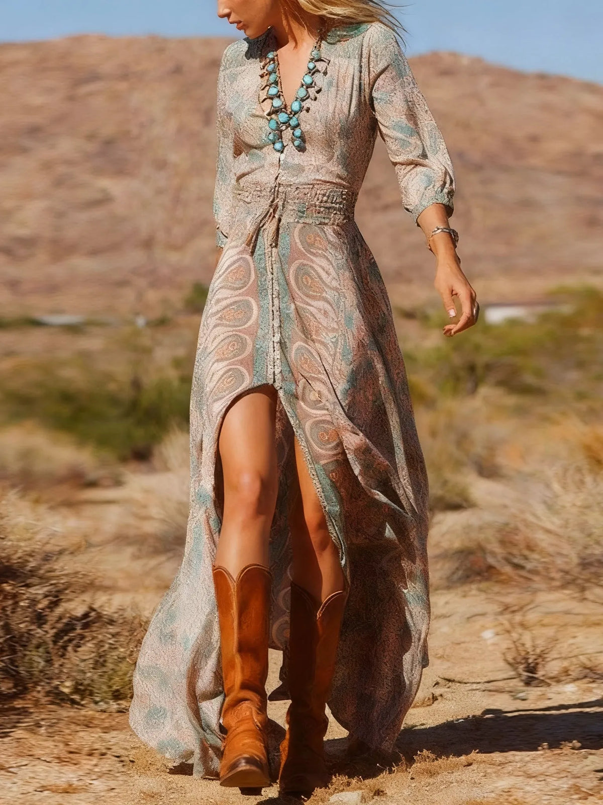 Western Style Boho Print Slit Maxi Dress Flowering Girl