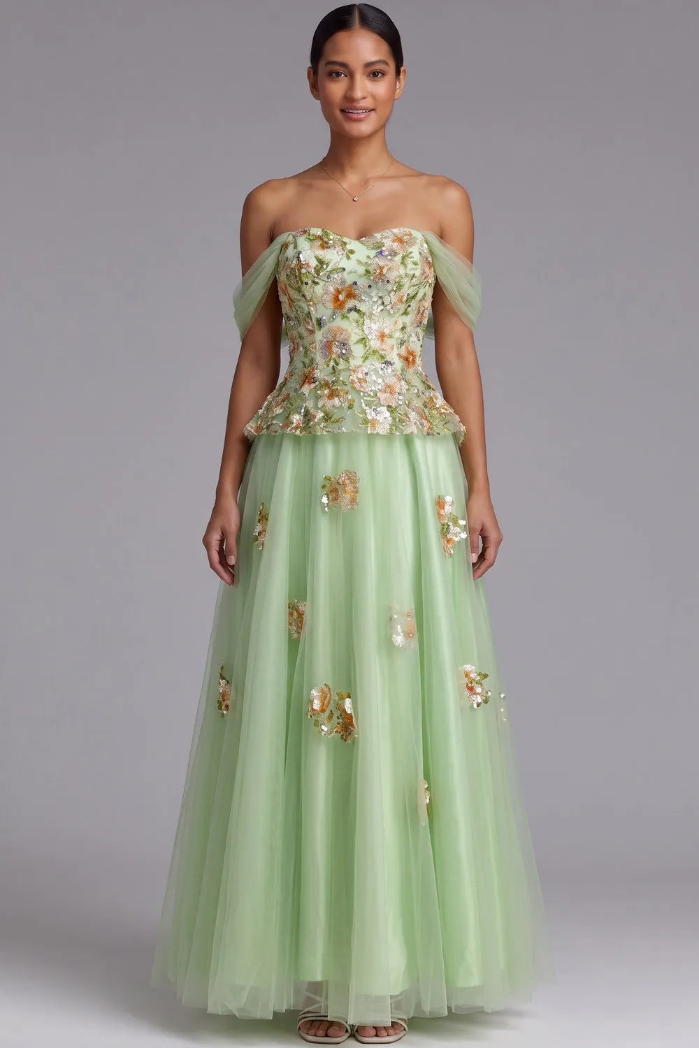 Light Green Off-The-Shoulder Floor-Length Gown with Floral Embellishments Flowering Girl