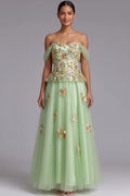 Light Green Off-The-Shoulder Floor-Length Gown with Floral Embellishments Flowering Girl