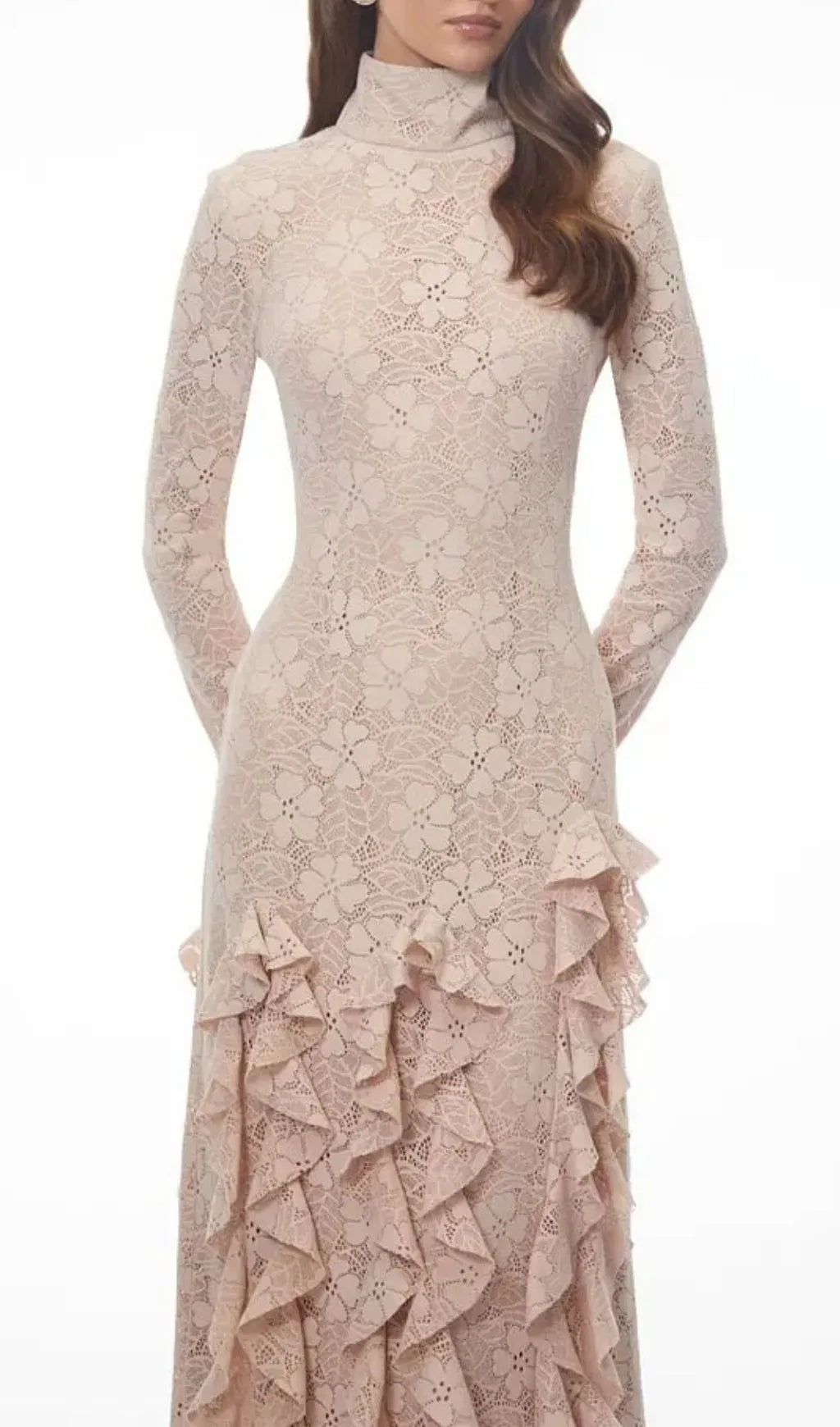 Michelle Nude Floral Lace Ruffled Maxi Dress Flowering Girl