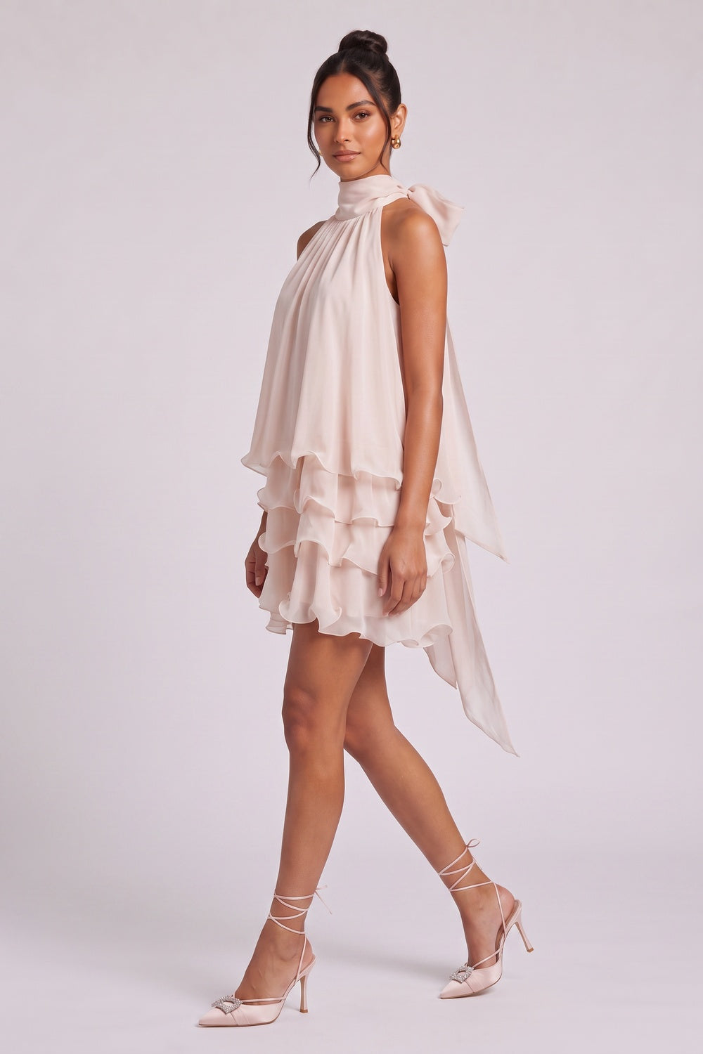 Chiffon Tiered Mini Dress with Halter Neck Flowering Girl