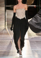 Sharon Lace Beaded Embellished Strapless Maxi Dress In Black Flowering Girl