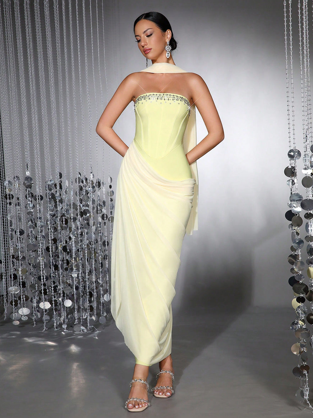 Rhinestone Patchwork Strapless Herringbone Maxi Dress - Yellow Flowering Girl