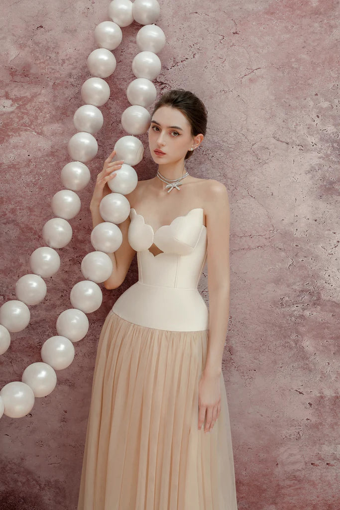 Two-Tone Hollow Tube Top Tulle Midi Dress Flowering Girl